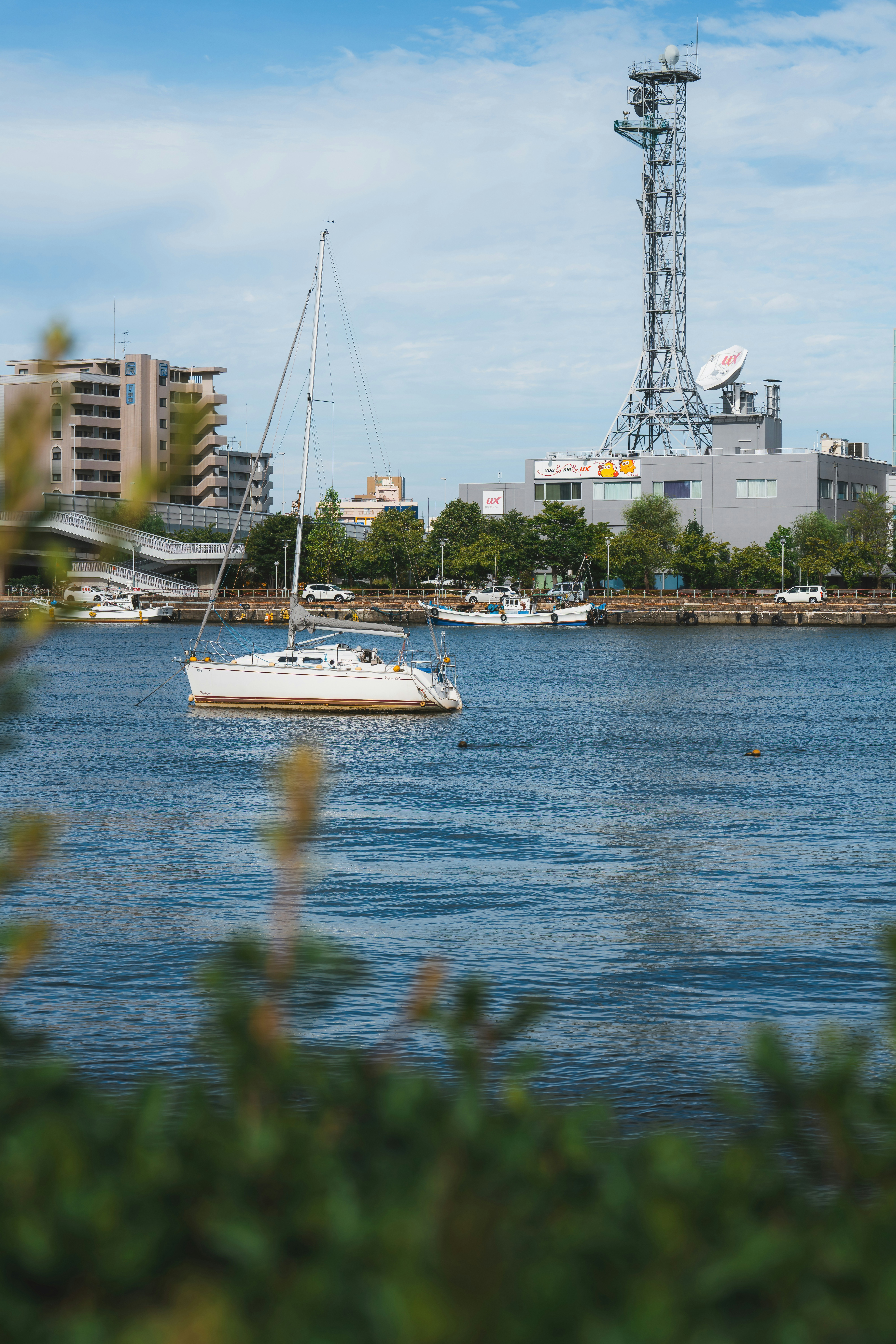 a sailboat in the water with a city in the background