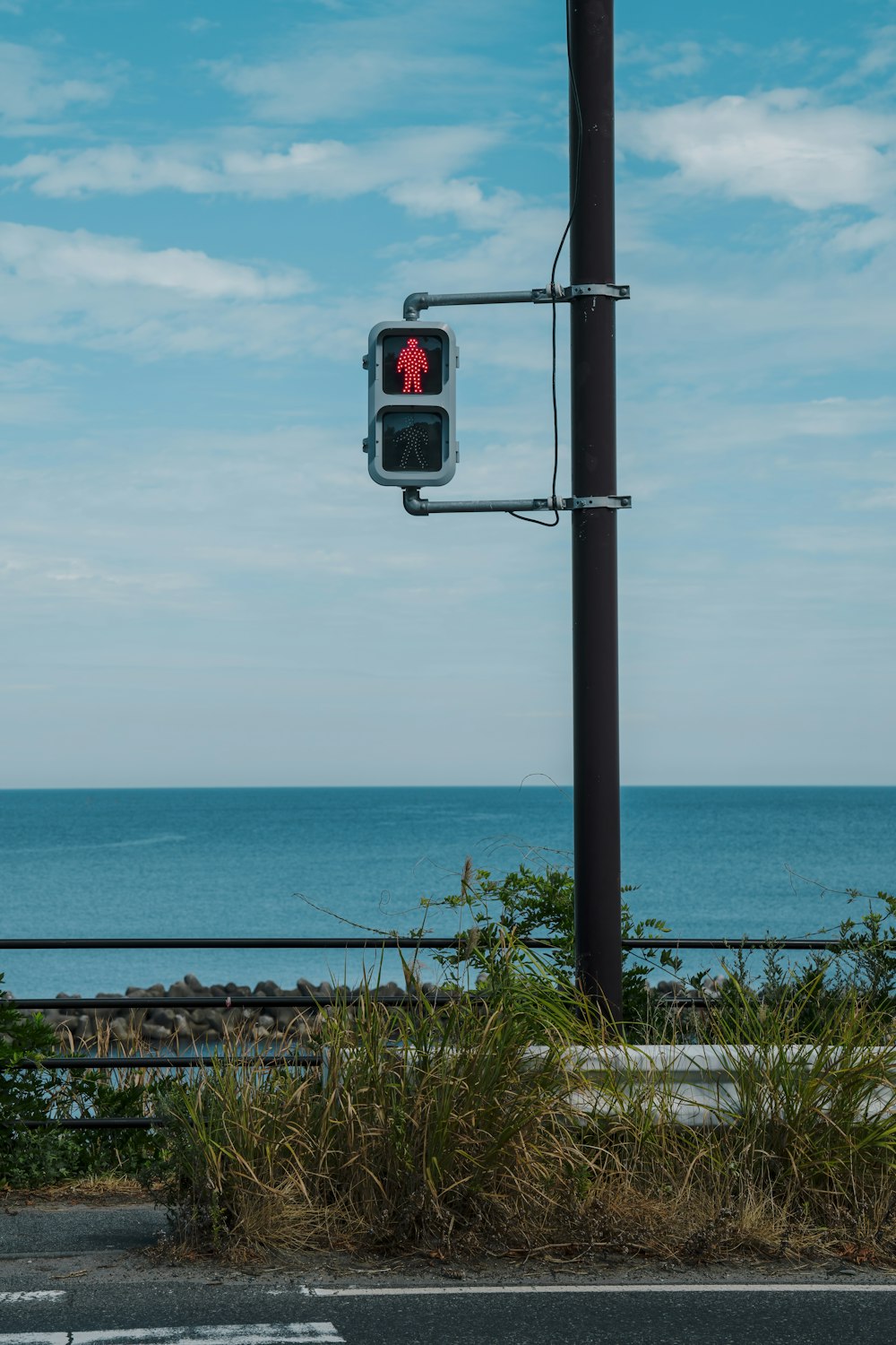 a traffic light sitting on the side of a road next to the ocean