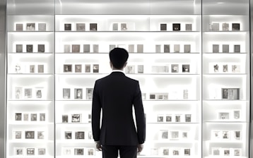 a man standing in front of a display of books