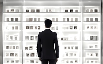 a man standing in front of a display of books