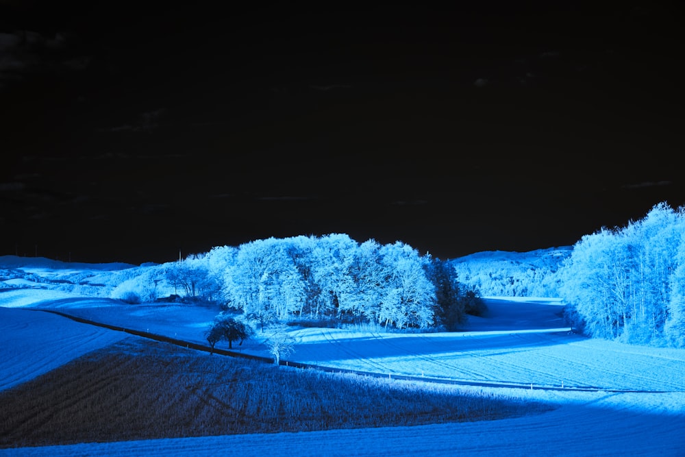 a night scene of a snow covered field