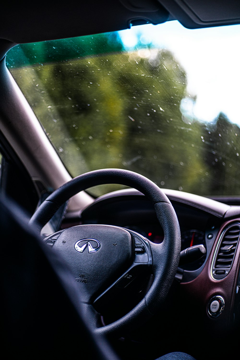 a dashboard view of a car with trees in the background