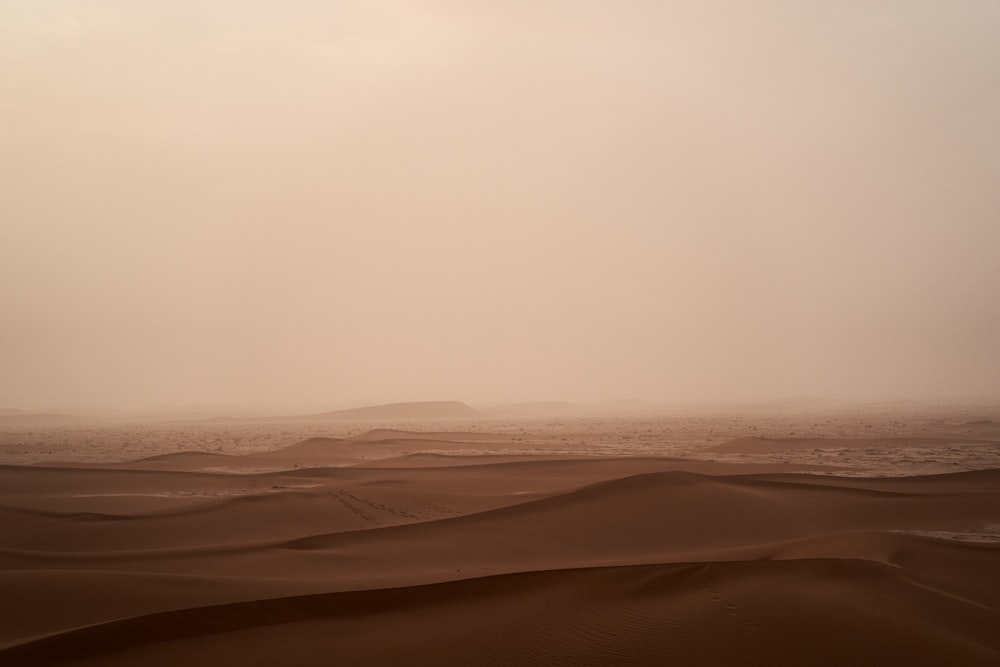 a foggy day in the desert with sand dunes