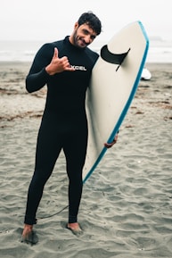 A person in a black wetsuit stands on a sandy beach, holding a surfboard upright. The surfboard has a blue edge and is resting against the individual's side. The person is making a shaka sign with their right hand, smiling slightly, and their feet are partially buried in the sand. The ocean and a cloudy sky are visible in the background.