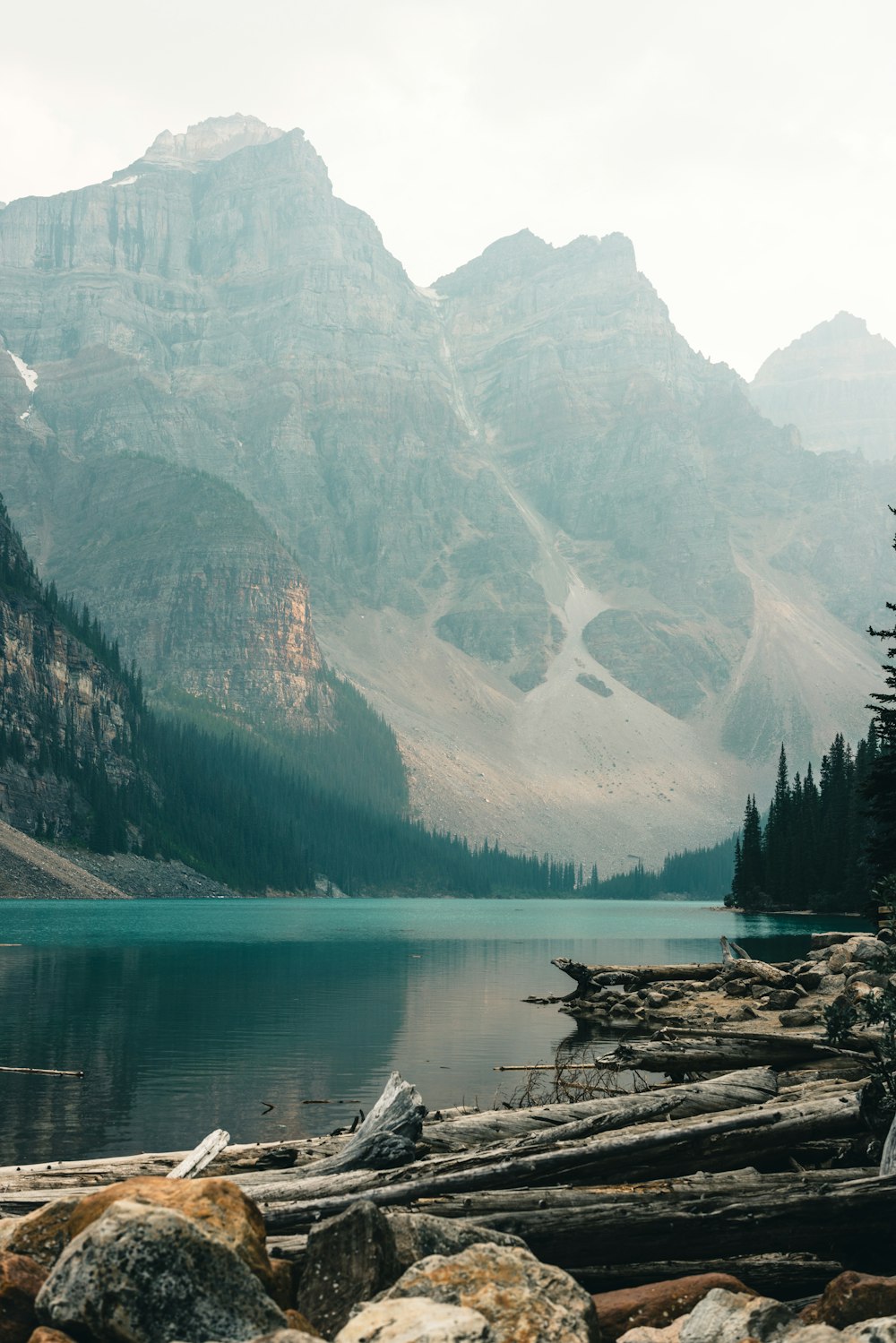 Un lago di montagna circondato da alberi e rocce