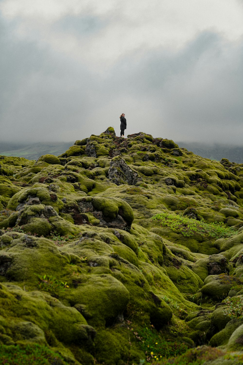 a person standing on top of a moss covered hill