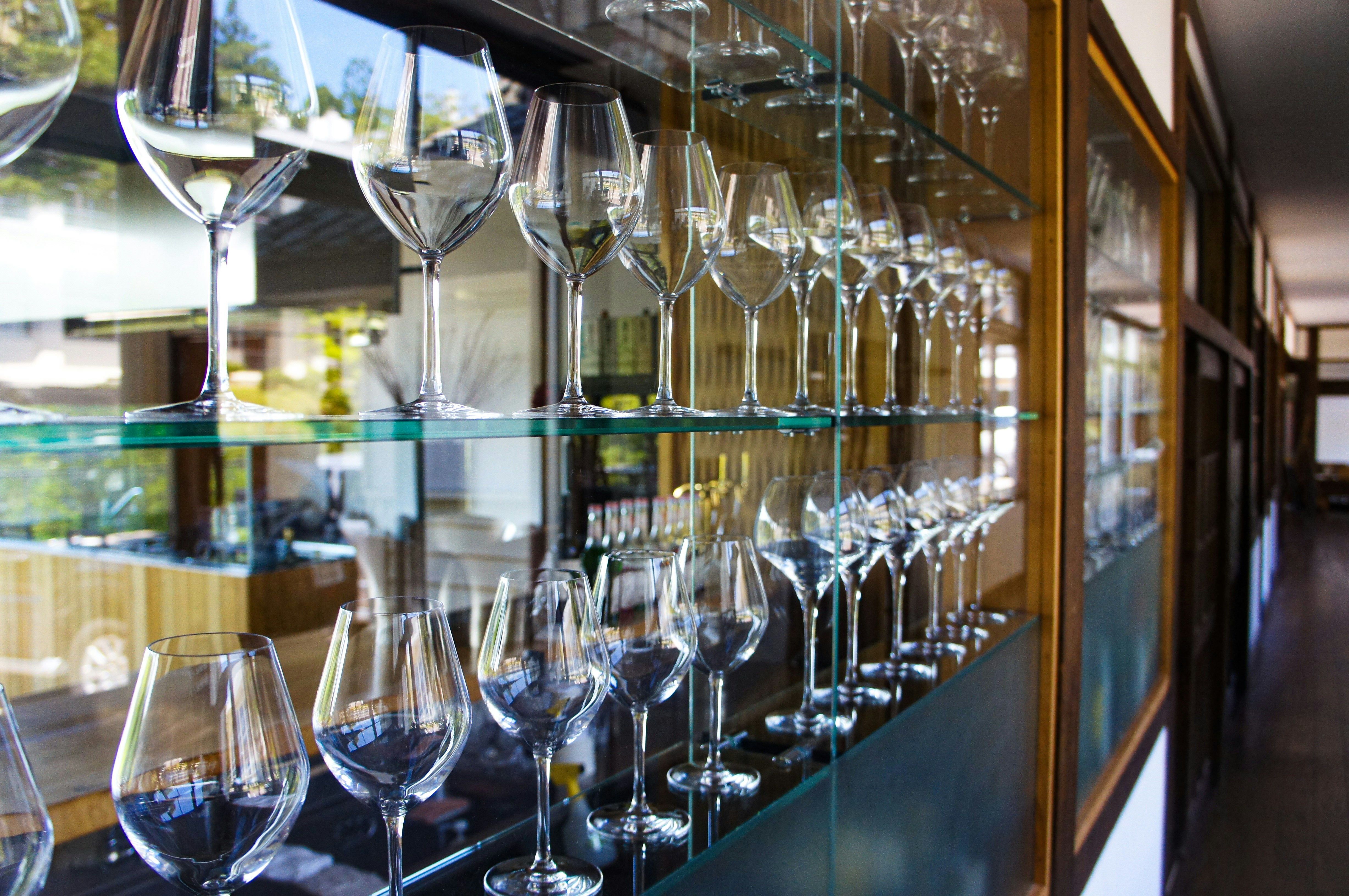 Display case of wine glasses