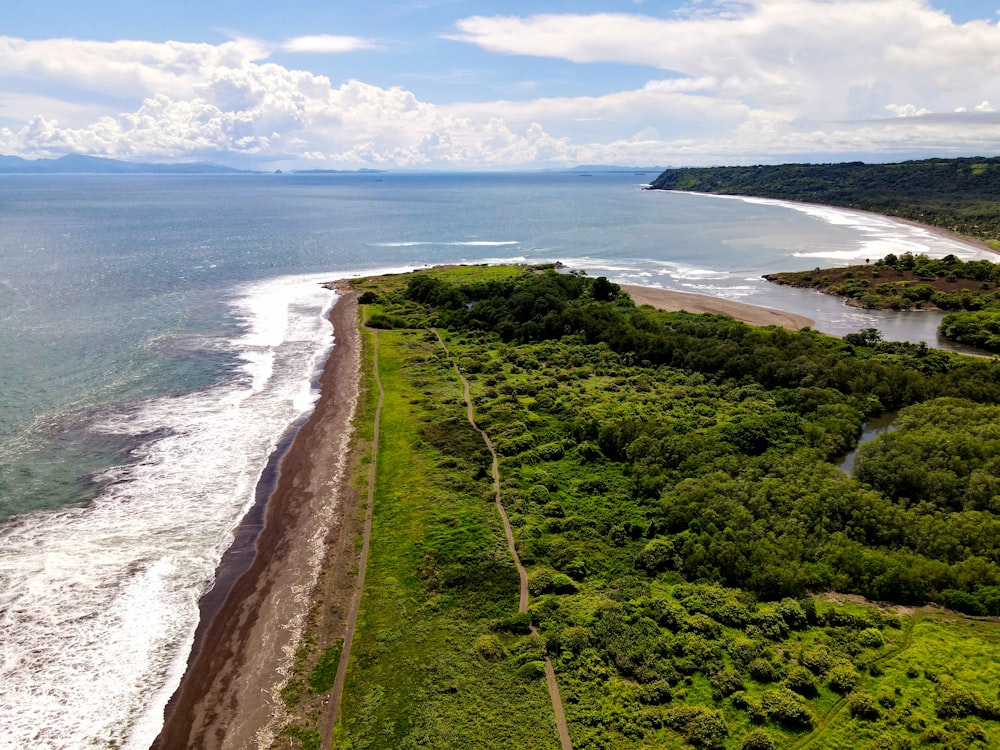 an aerial view of a beach and a body of water