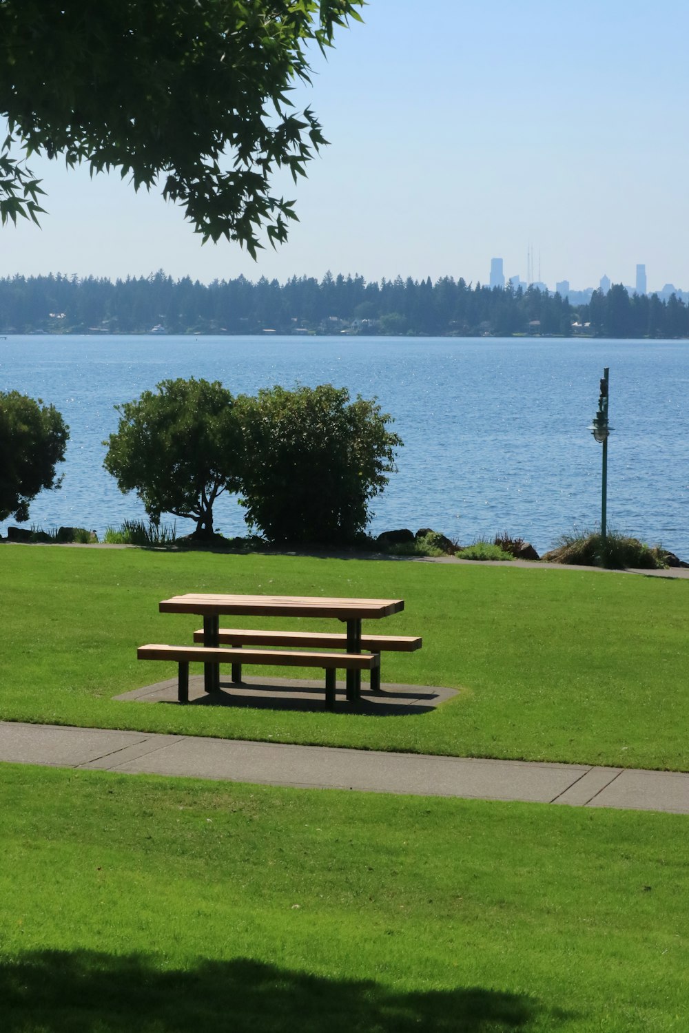 a picnic table in a park by the water