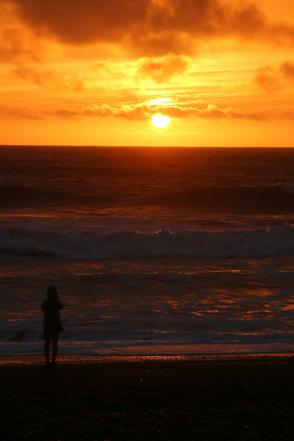 a person standing on a beach at sunset