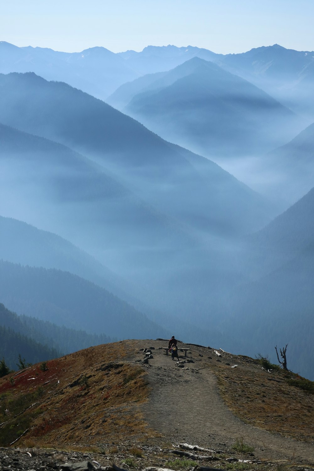 a person riding a bike on a trail in the mountains