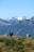 A group of five people walking on a grassy hill with scattered small trees, surrounded by majestic mountains topped with snow. The sky is clear, offering a panoramic view of the rugged terrain.