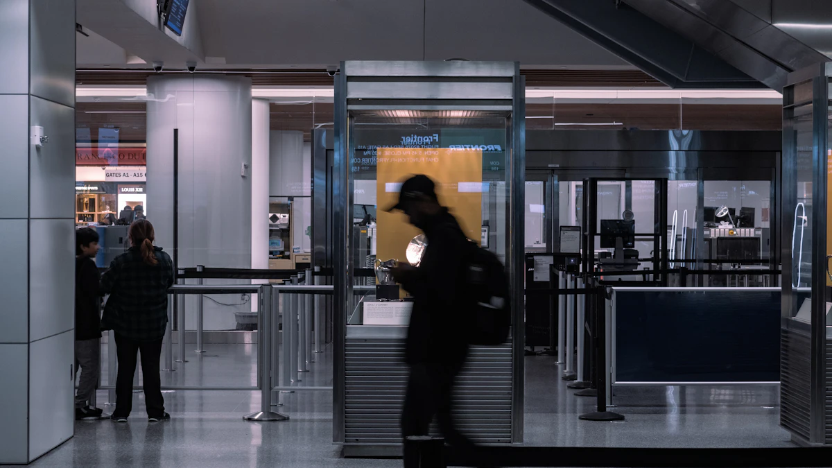 Passenger walking through an airport security checkpoint screening area