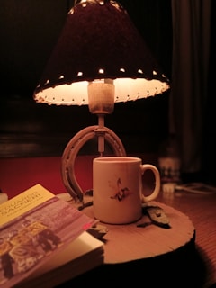 A dimly lit table with a rustic lamp featuring a dark shade and textile details. Below the lamp, there's a white mug with a bird illustration. A book titled 'Eduardo Sacheri' with sepia-toned cover art is partially visible in the foreground.