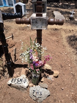 A rustic, handmade wooden cross marks a grave, surrounded by dry, brown earth. A bouquet of colorful flowers, including pink, purple, and white blossoms, is placed at the base of the cross in a glass container. Two rocks inscribed with letters 'EFSM' and 'JNS' are positioned in front. Tombstones and other crosses are visible in the background of a sunlit cemetery.