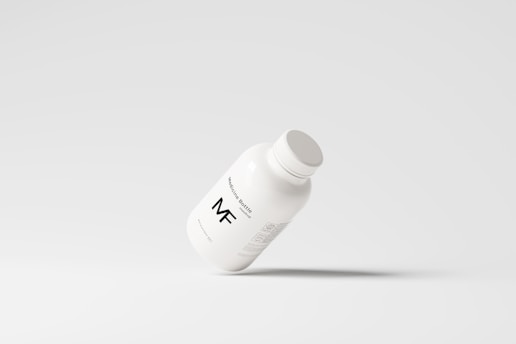 A simplistic and modern design featuring a medicine bottle floating against a light grey background, with minimalistic labeling and a clean appearance.