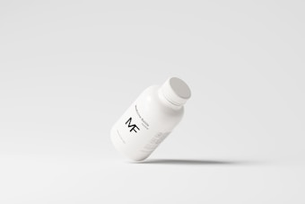 A simplistic and modern design featuring a medicine bottle floating against a light grey background, with minimalistic labeling and a clean appearance.