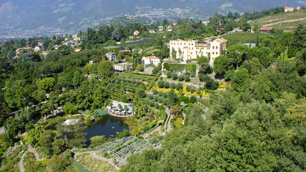 an aerial view of a mansion surrounded by trees