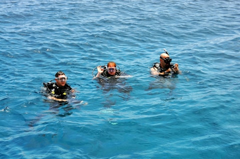 three people in the water wearing scuba gear