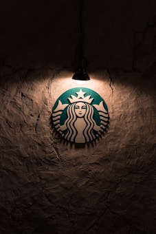 A logo featuring a mermaid with two tails is illuminated by a single overhead light against a textured, dark wall.