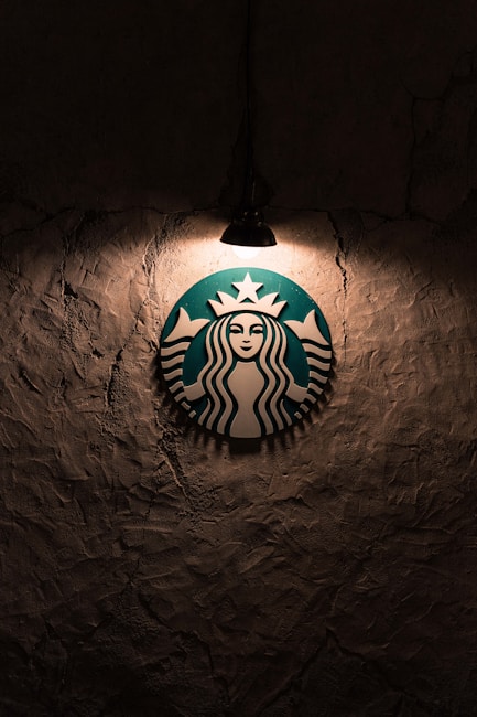 A logo featuring a mermaid with two tails is illuminated by a single overhead light against a textured, dark wall.