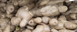 A pile of fresh ginger roots with rough, beige skin and characteristic knobby shapes. Some roots show small green shoots emerging from the surface.