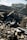 Charred and collapsed wooden beams and debris are scattered across a pile, with a partially damaged roof visible in the background. The scene suggests destruction, likely from a fire.