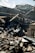 Charred and collapsed wooden beams and debris are scattered across a pile, with a partially damaged roof visible in the background. The scene suggests destruction, likely from a fire.