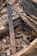 A collection of metal objects and debris are found among charred wooden beams and rubble. The scene appears to depict remnants of a burned or collapsed structure, with visible blackened wood and scattered stones.
