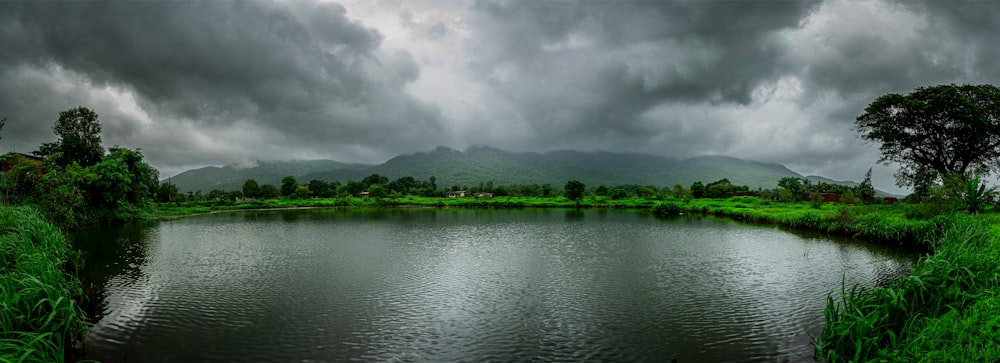 a large body of water surrounded by lush green grass