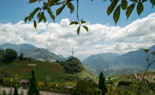 The scene depicts a lush, mountainous landscape with a prominent peak at the center, bordered by terraced fields and valleys. A notable structure or statue stands on the central peak. The foreground includes clusters of trees and small structures, possibly huts or gazebos. Leaves hang down from the top of the image, framing the view, while a bright, partly cloudy sky provides a majestic backdrop. The word 'FANSIPAN' is visible on one of the hills.