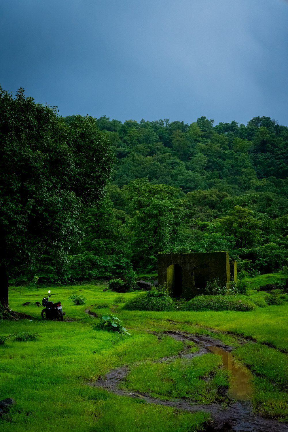 a green field with a small building in the middle of it