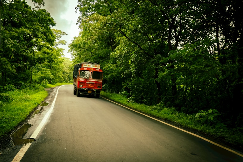 A red truck is driving down a winding road through a lush green forest. The road is wet, indicating recent rain, and is flanked by dense trees on both sides. The truck is labeled 'Goods Carrier' and appears to be traveling smoothly along the road.
