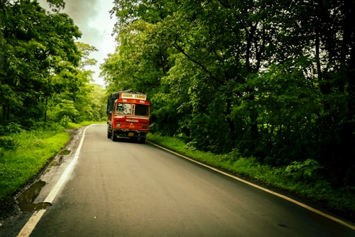 A red truck is driving down a winding road through a lush green forest. The road is wet, indicating recent rain, and is flanked by dense trees on both sides. The truck is labeled 'Goods Carrier' and appears to be traveling smoothly along the road.