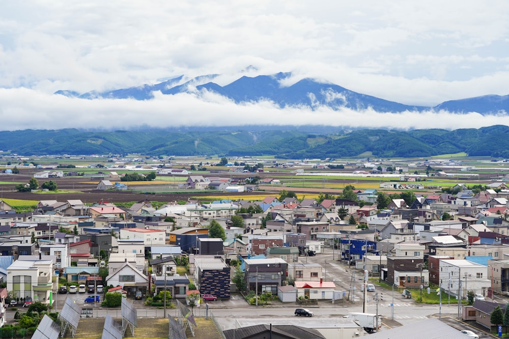 a town with mountains in the background