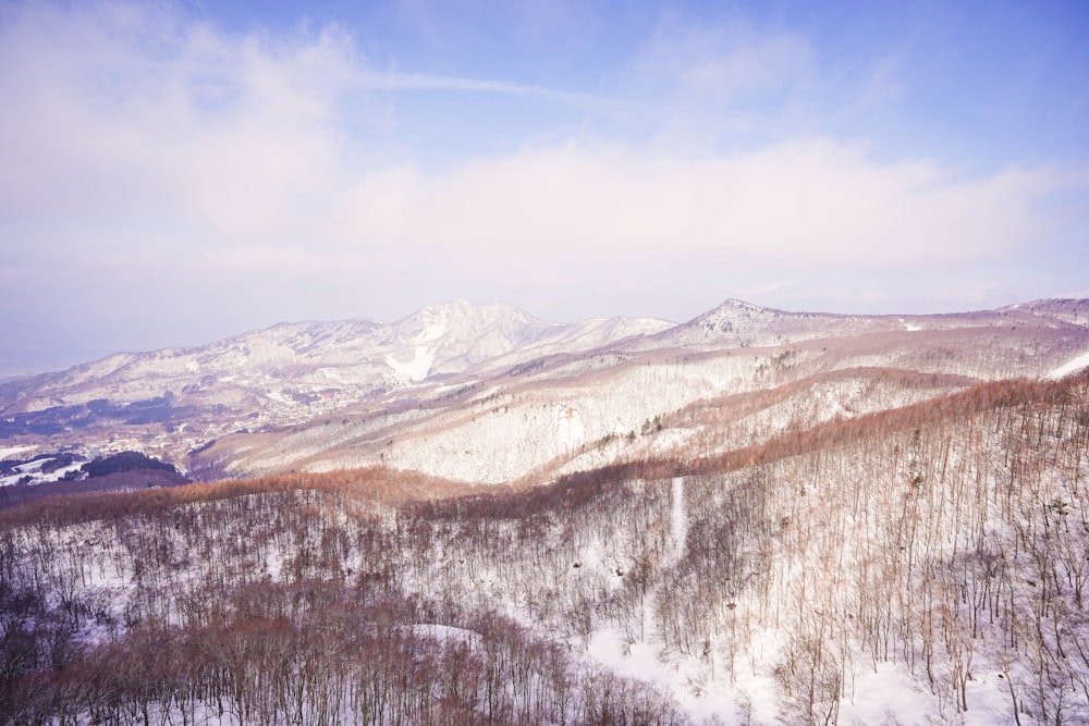 a view of a snowy mountain range with trees and mountains in the background