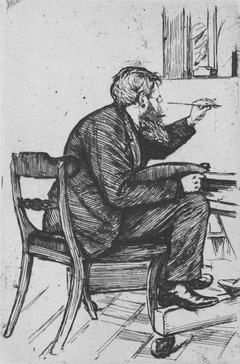 An illustration of a man seated on a wooden chair, facing a canvas and holding a paintbrush. The man has a beard and appears focused on his task. He is dressed in a suit and sits beside a table, possibly engaged in painting or drawing.