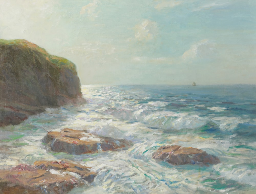 a painting of the ocean with rocks and a boat in the distance