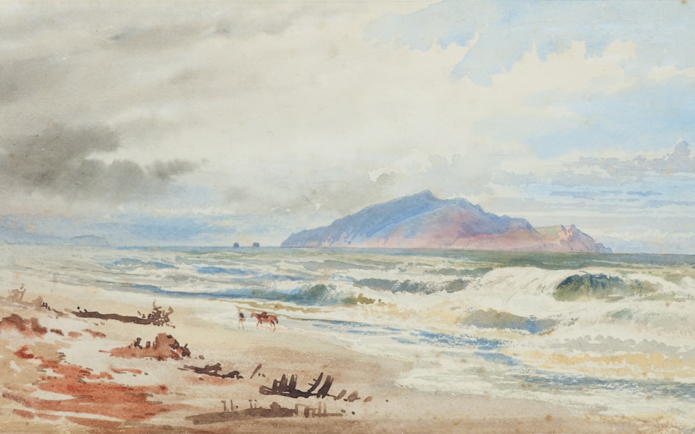 a painting of a beach with a mountain in the distance