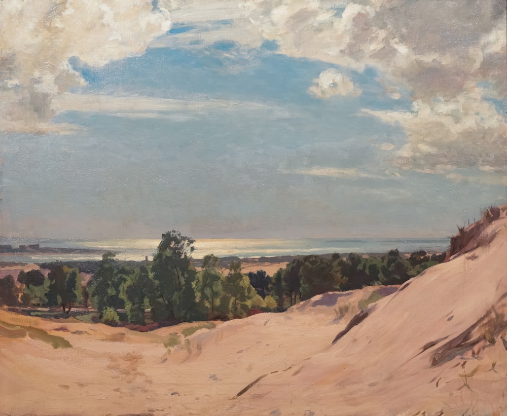 uma pintura de uma paisagem com árvores e nuvens