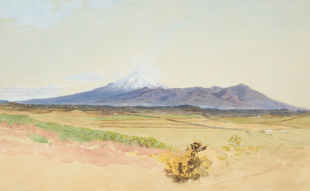 Una pintura de una montaña en la distancia