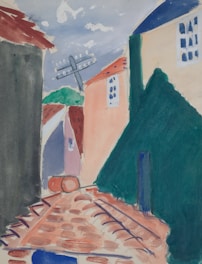 A stylized painting of an alleyway between tall houses with colorful rooftops. The scene includes a tilted utility pole with wires against a cloudy sky. The ground features a patterned path, possibly cobblestones, with vibrant colors.