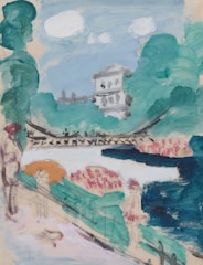 A painting featuring a landscape with a white building in the distance, surrounded by lush green trees and a cloudy sky. In the foreground, there are abstract representations of people and vegetation along a path.