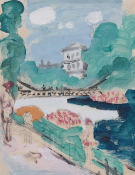 A painting featuring a landscape with a white building in the distance, surrounded by lush green trees and a cloudy sky. In the foreground, there are abstract representations of people and vegetation along a path.