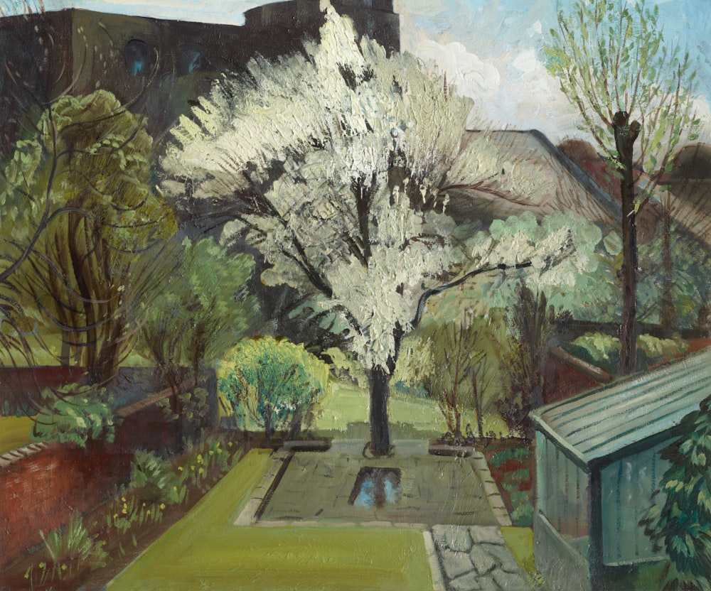 a painting of a tree in a garden
