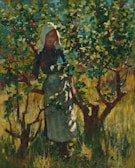 A farmer harvesting fruits in a sunlit orchard.