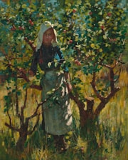 A person stands amidst a lush orchard, surrounded by green leaves and branches with small red fruits. The individual has a serene expression and is dressed in a dark outfit with a white headscarf and apron. The sunlight filters through the foliage, creating a dappled light effect on their face and clothing.