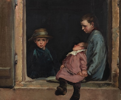 An intimate oil painting capturing a tender moment between a father and his children.