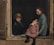 A painting depicts three children, with one wearing a hat and another holding a baby. They are positioned in a window frame, gazing pensively. The setting suggests a somber or introspective atmosphere, with muted, earthy tones.