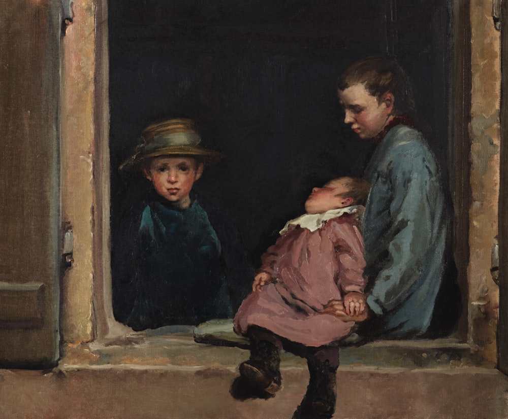 a painting of two children looking out a window